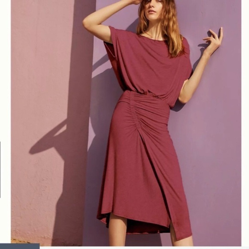 Anthropologie Moulinette Soeurs Etta Burgundy Ruched Jersey Midi Dress Size L